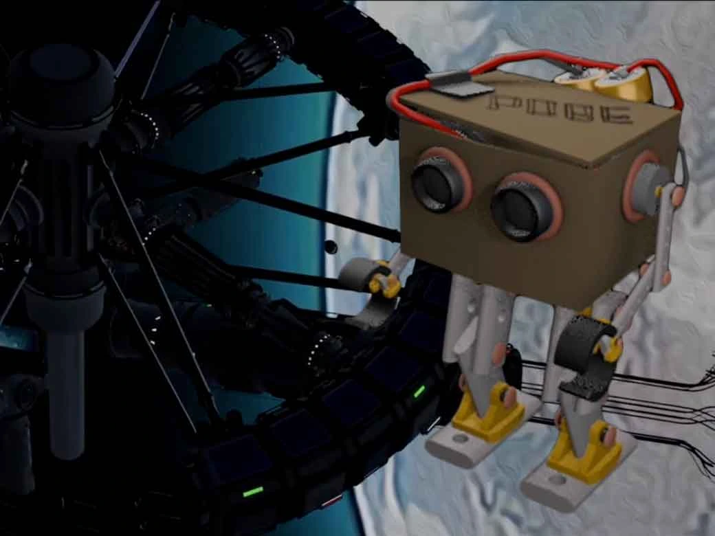 POBE robot drifting near a damaged orbital station in deep space