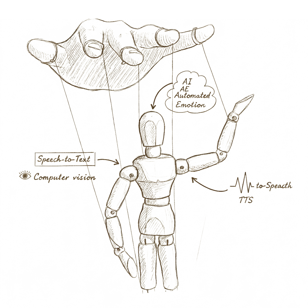 VirtYou system diagram: avatar with STT, computer vision, TTS, and AI/AE in da Vinci sketch style
